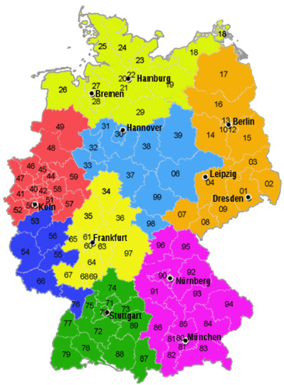Farbig markierte Karte von Deutschland mit regionaler Einteilung